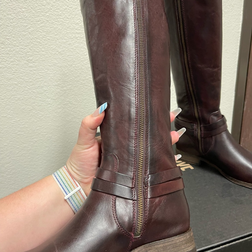 Frye Leather Belted Medium Calf Tall Boots - Melissa in Plum - Picture 6 of 9